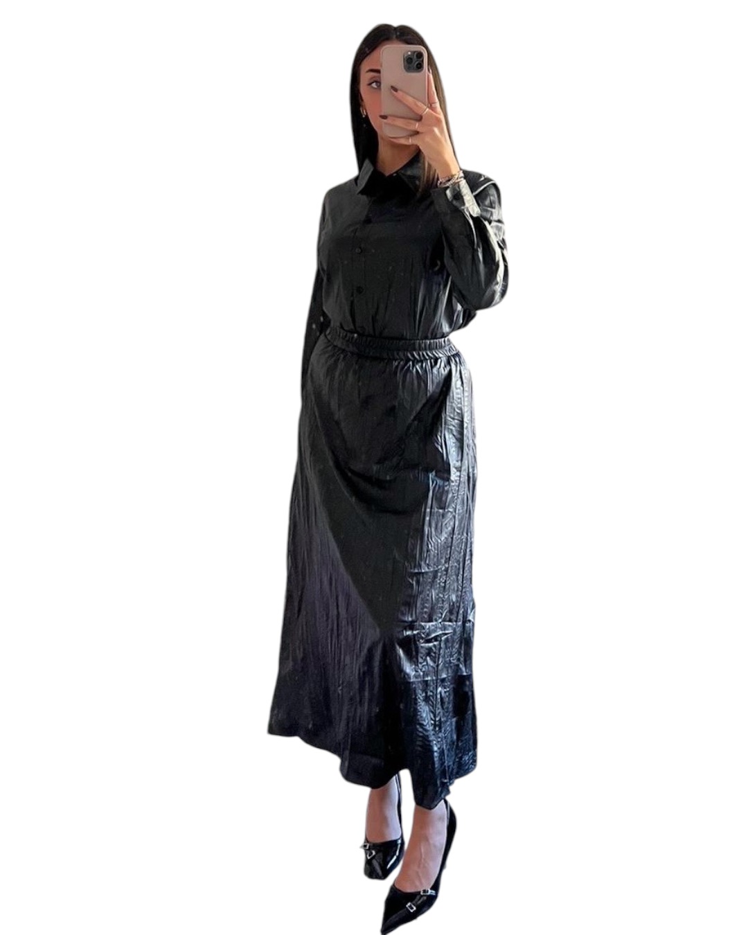 Coordinato in ecopelle con gonna